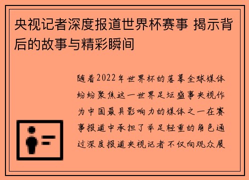 央视记者深度报道世界杯赛事 揭示背后的故事与精彩瞬间