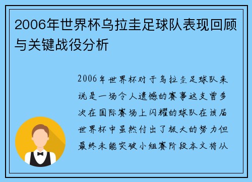 2006年世界杯乌拉圭足球队表现回顾与关键战役分析